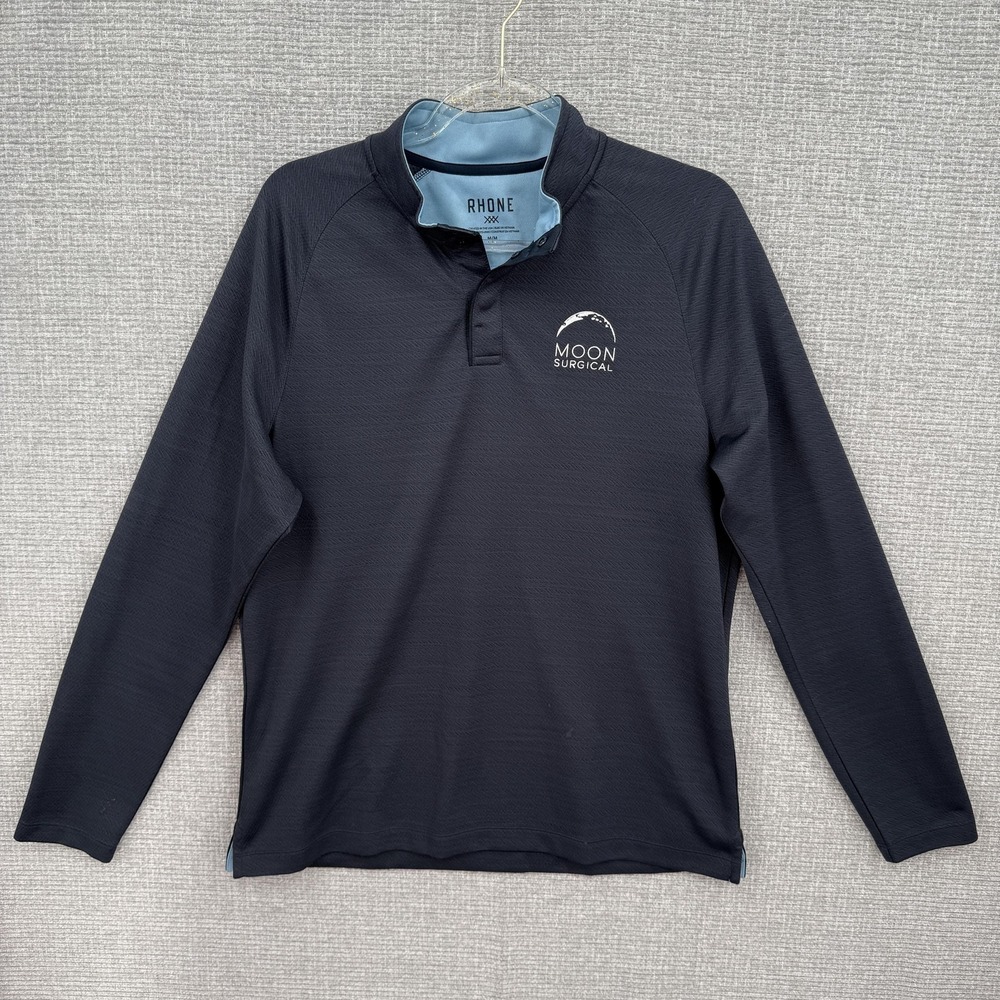 Rhone Pullover Mens M Blue Snap Mock Neck Athletic Moon Surgical Logo Golf